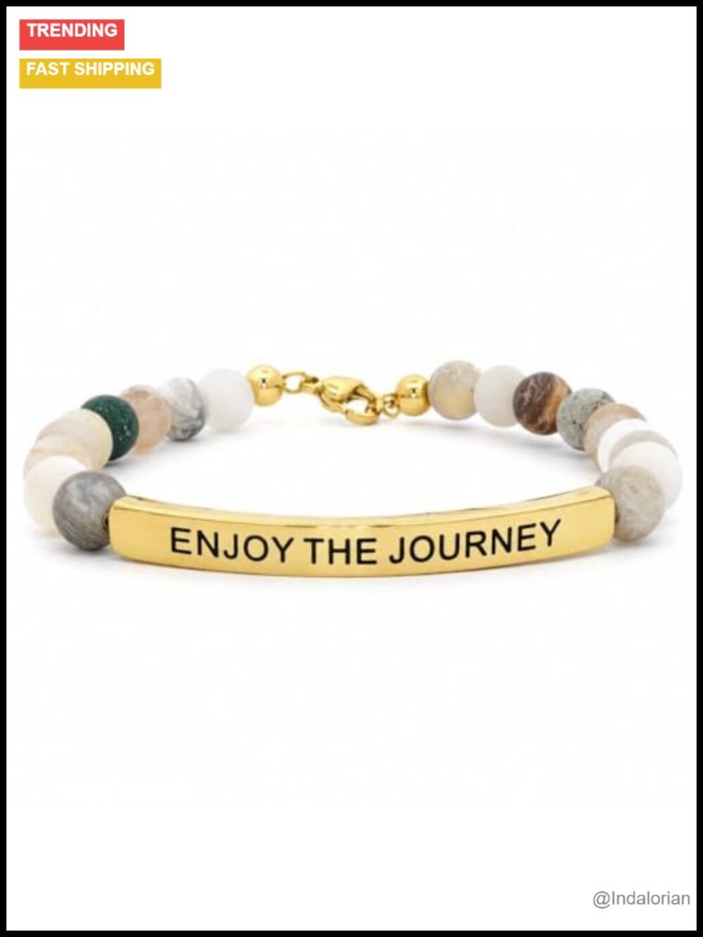 Natural Bamboo Agate Stretch Bracelet with Engraved Stainless Steel Bar
